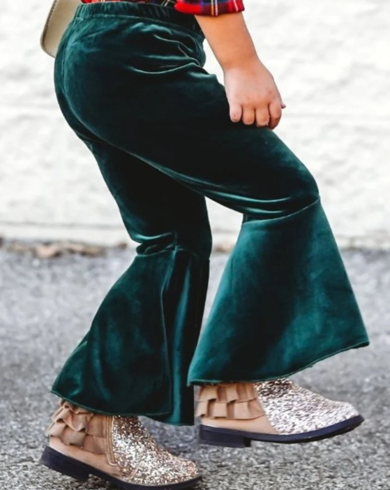 Pleated Velour Bell Bottoms - Hunter Green