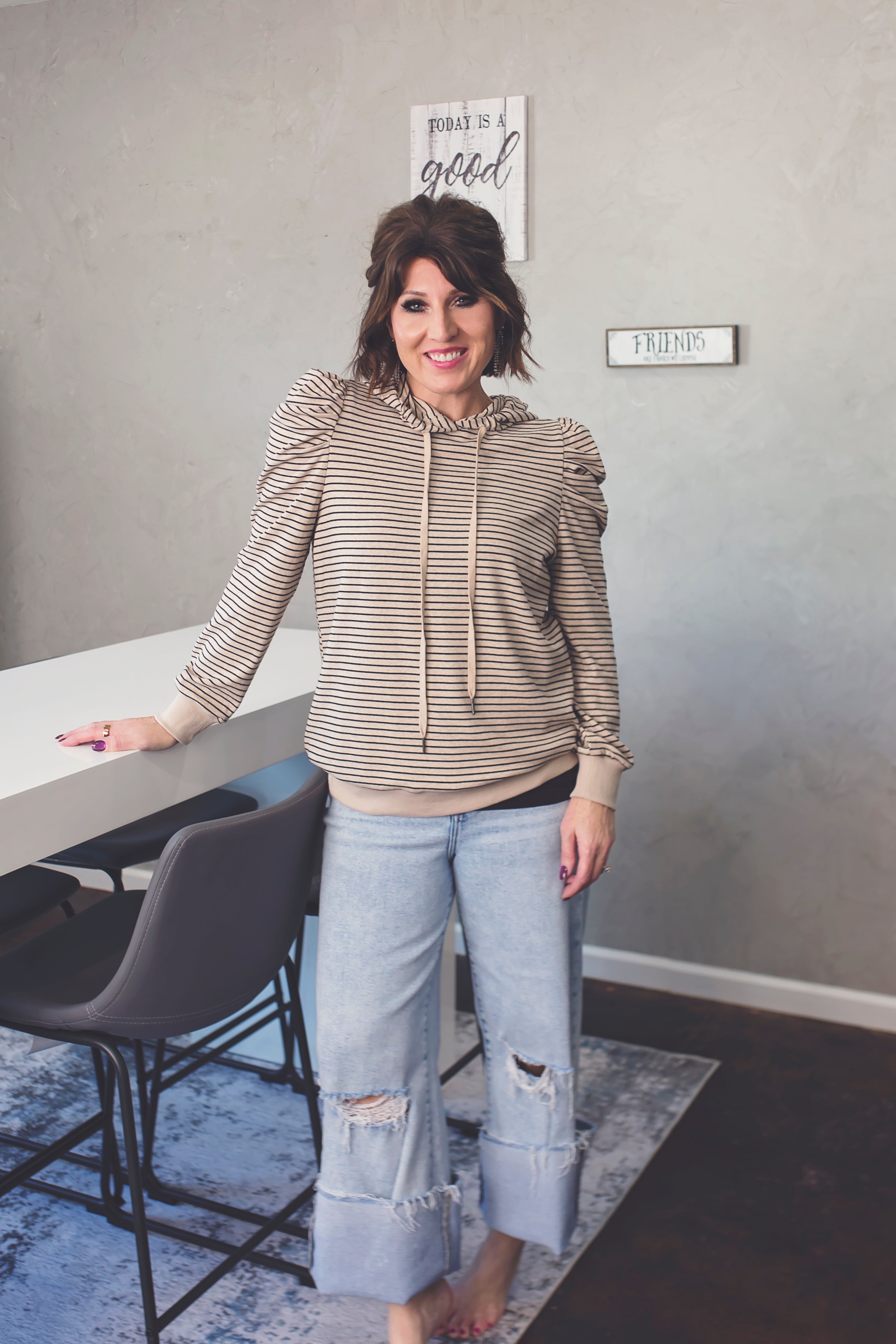 Sweet Stripe Puff Sleeve Hoodie
